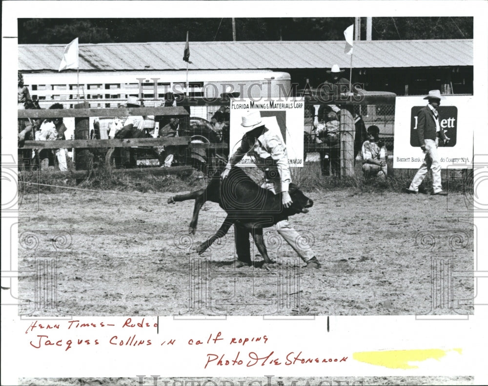 1987 Press Photo Jacques Collins Practices Calf Roping At Rodeo Competition - Historic Images