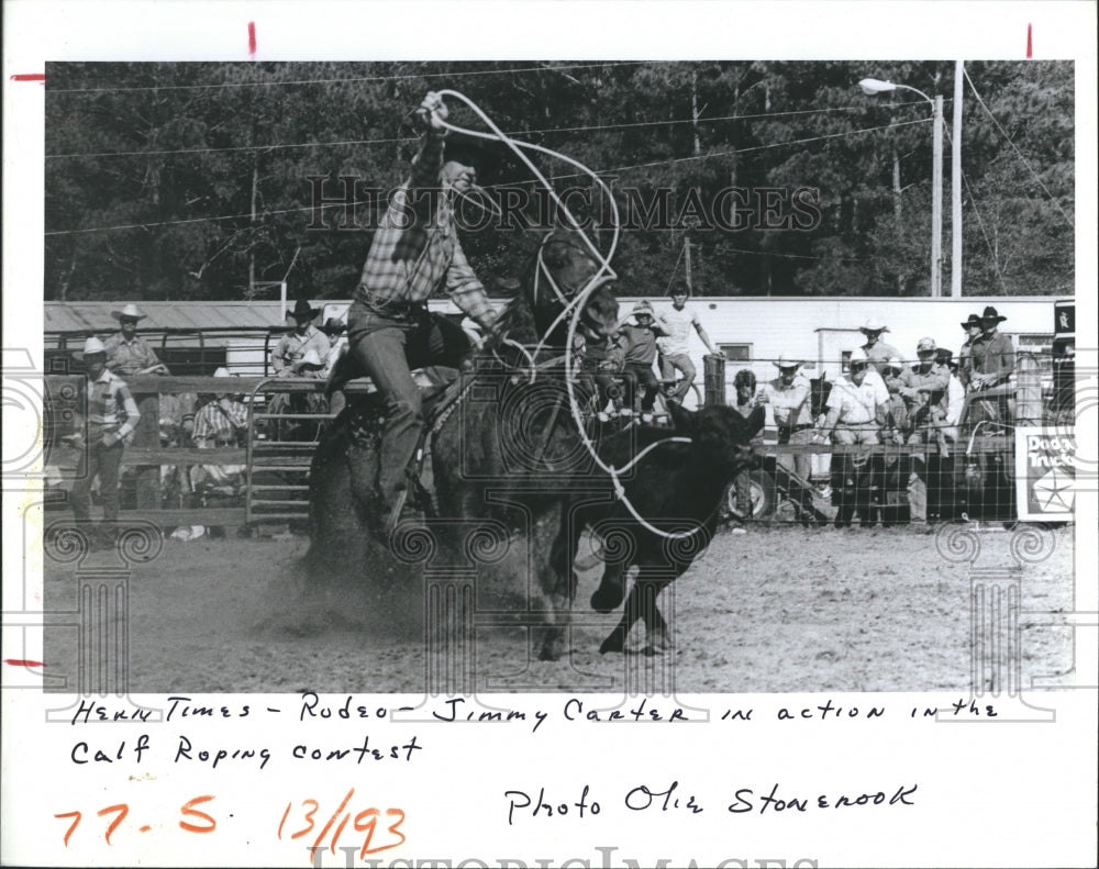 1985 Press Photo Jimmy Carter During Calf Roping Contest Cattlemen Annual Rodeo - Historic Images