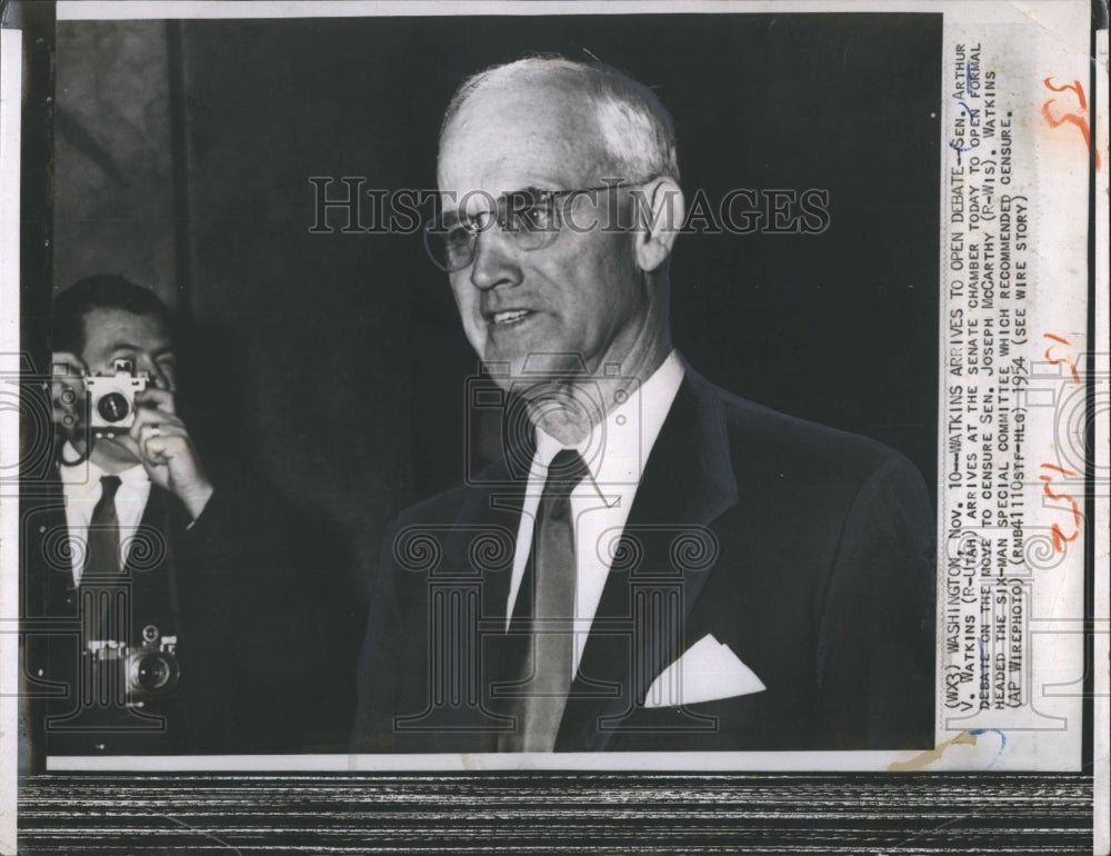 1973 Press Photo Sen. Arthur Watkins Arrives to Debate Sen. Joe McCarthy - Historic Images