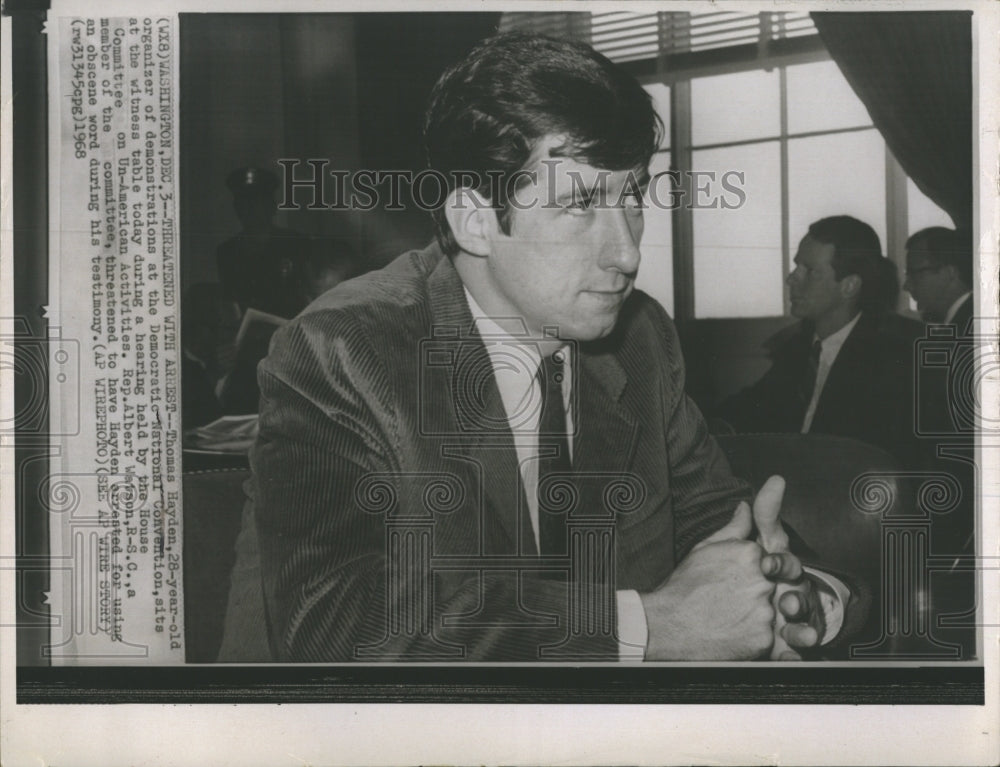 1968 Press Photo Thomas Hayden sits at the witness table during his hearing. - Historic Images