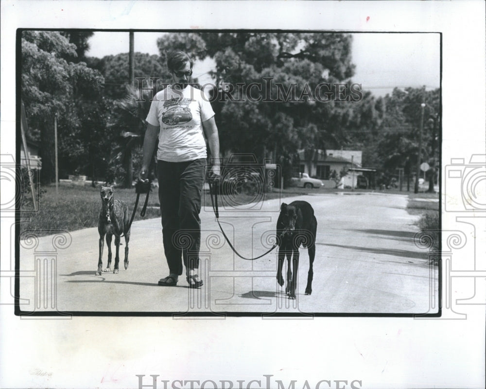 1982 Press Photo Ron Walsek Walks Retired Greyhounds - RSH14055 - Historic Images