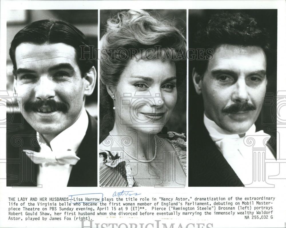 Press Photo Lisa Harrow, Pierce Brosnan and James Fox on "Nancy Astor" - Historic Images