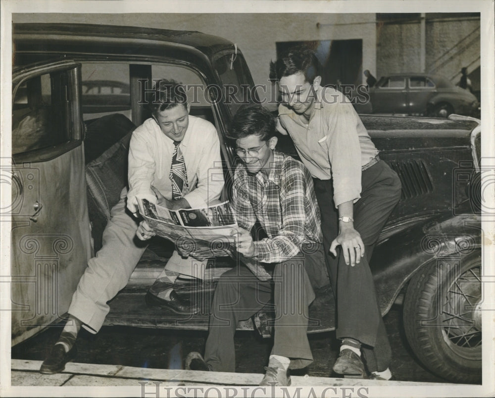 1949 Press Photo Three young men in Automobile shop. - RSH15841 - Historic Images