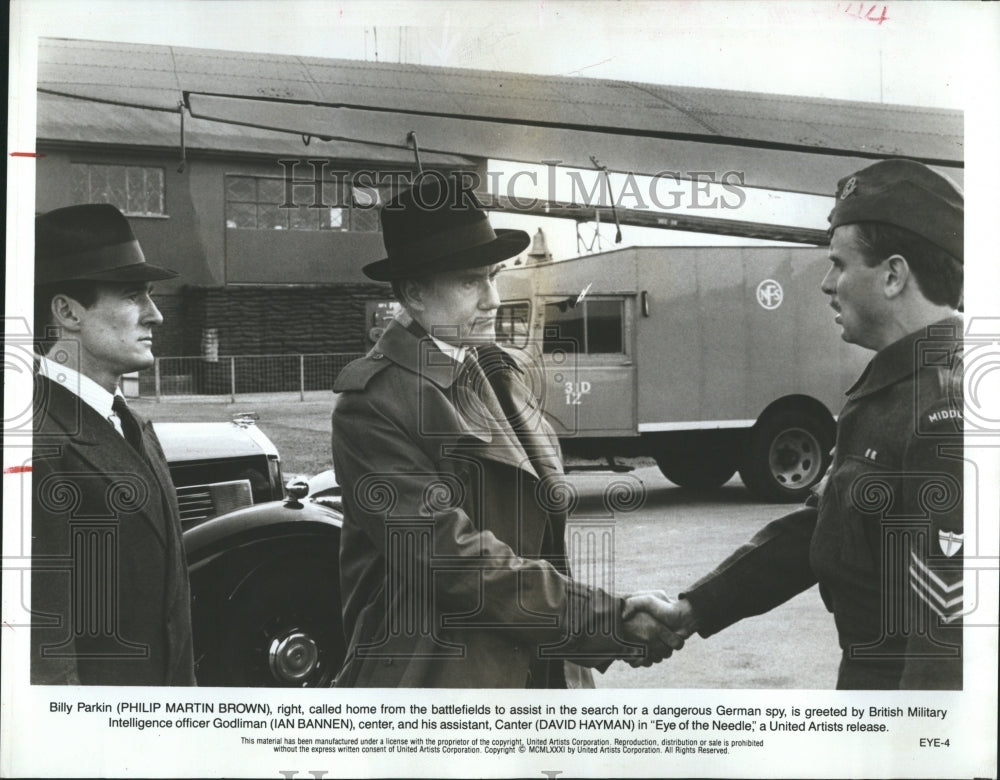 1981 Press Photo Philip Brown Ian Bannen and David Hayman in "Eye of the Needle" - Historic Images