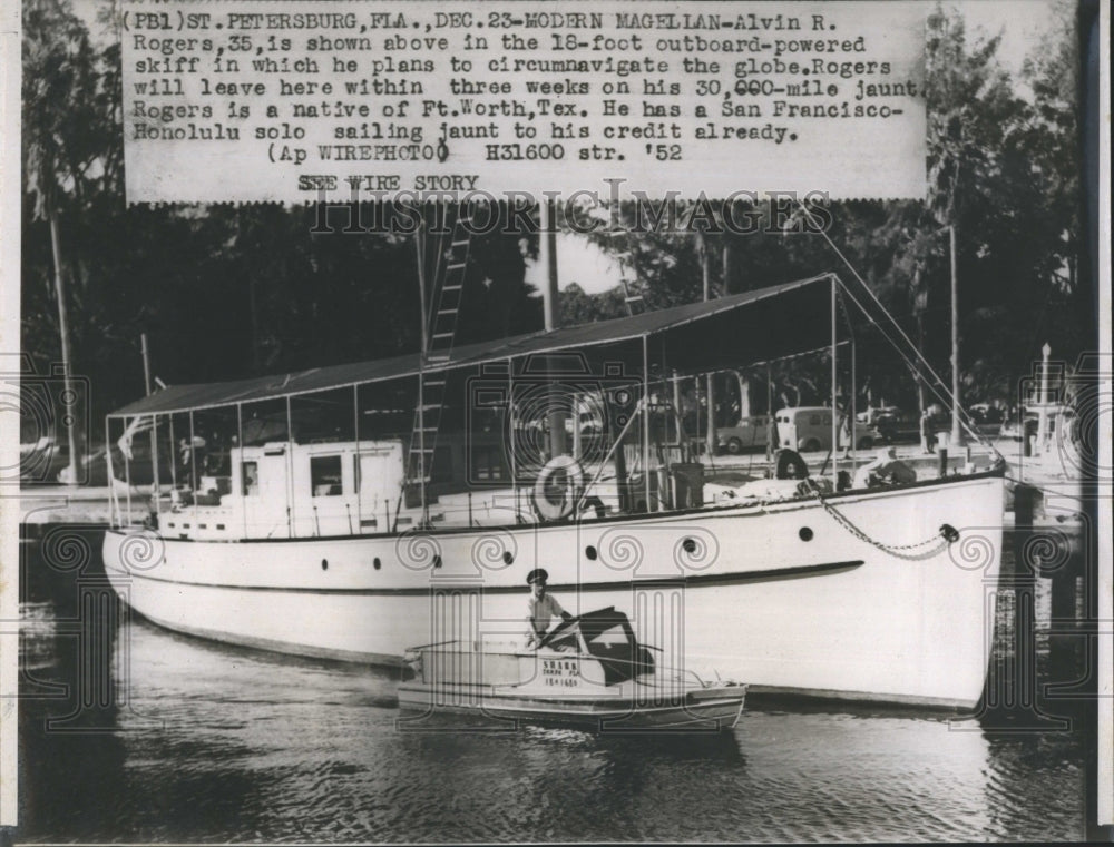 1952 Press Photo Explorer Alvin R. Rogers Skiff Boat Circumnavigation Globe - Historic Images