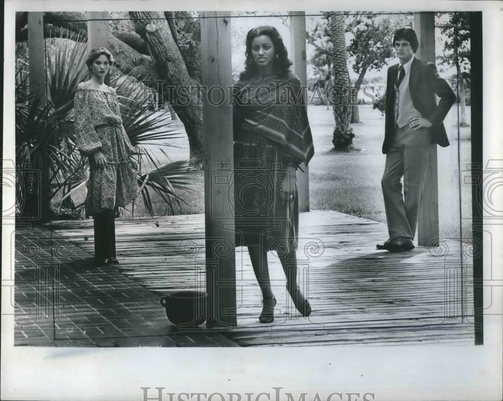 1977 Press Photo Challis Blouson Dress Blazer Scarf Vest Slacks - RSH17111 - Historic Images