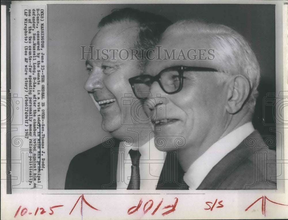 1967 Press Photo Senator Thomas Dodd Censured by Senate Defender Russell Long - Historic Images