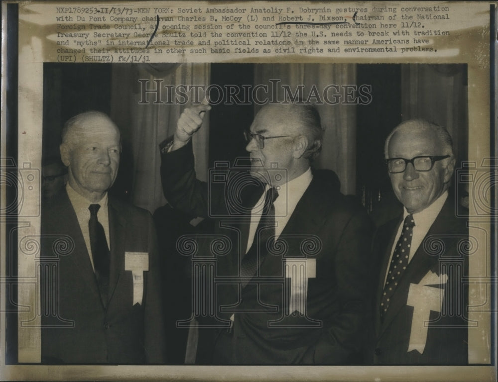 1973 Press Photo Soviet Ambass. Anatoliy Dobrynin, Charles MvCoy, Robert Dixon - Historic Images