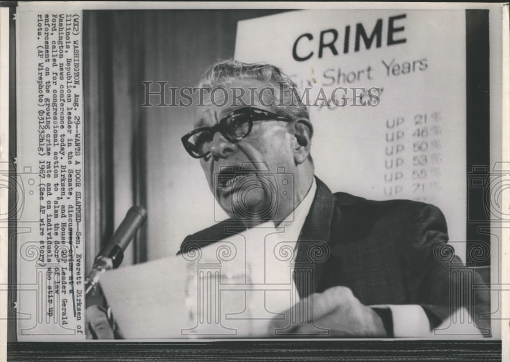 1967 Press Photo Sen. Everett Dirksen Republican Senate Leader Discusses Crime - Historic Images