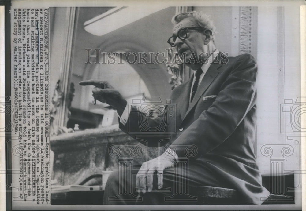 1966 Press Photo Senator Everett Dirksen Speaking About Airline Machinist Strike - Historic Images