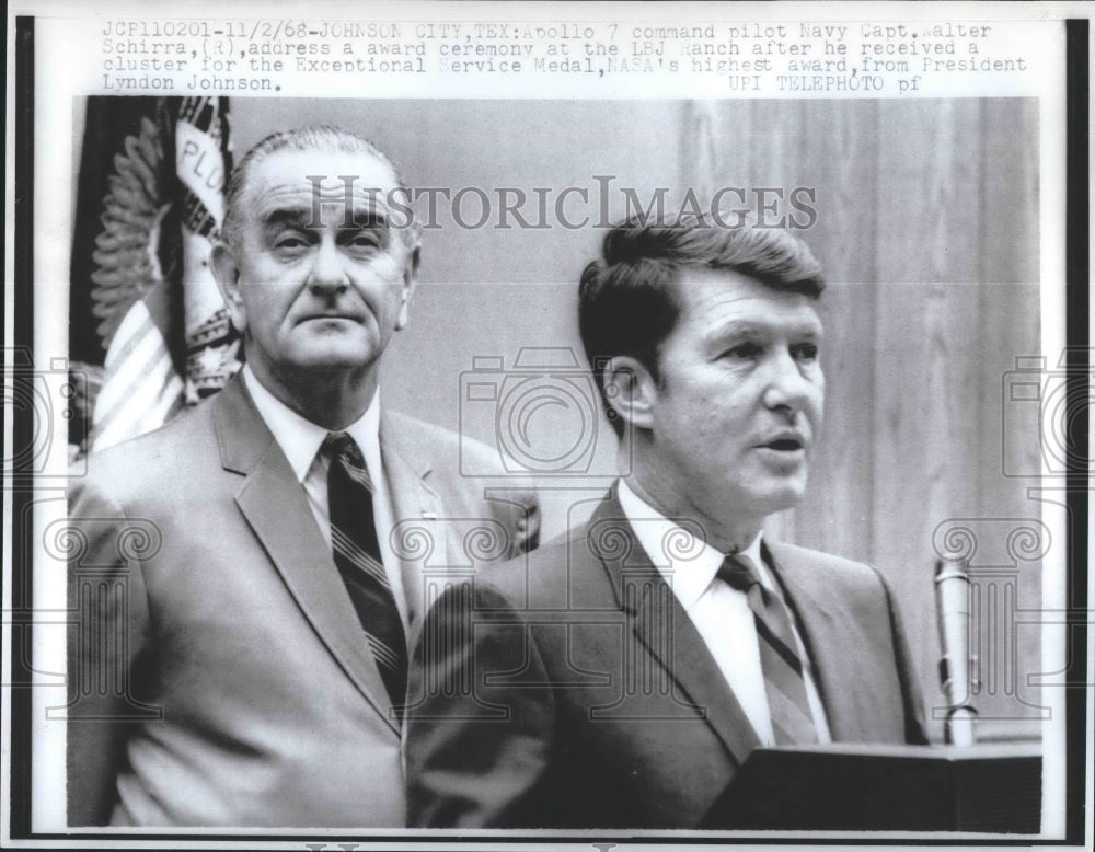 1968 Press Photo Pres.Johnson with Apollo 7 command pilot. - Historic Images