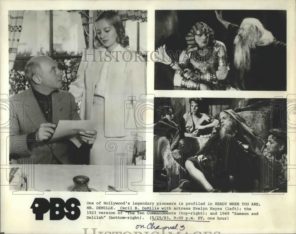 1983 Press Photo Actor Cecil DeMille pictured in 3 roles 1 includes Evelyn Keyes - Historic Images