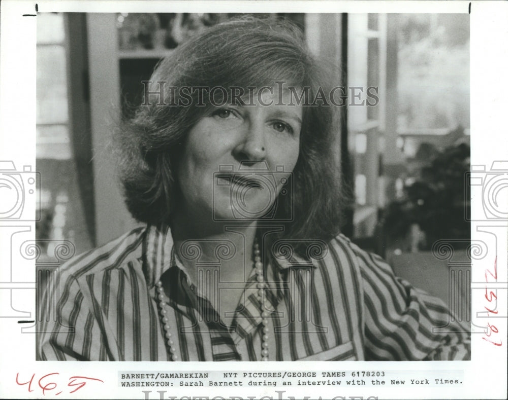 1982Press Photo Sarah Barnett says she thinks her husband , David lost his focus - Historic Images