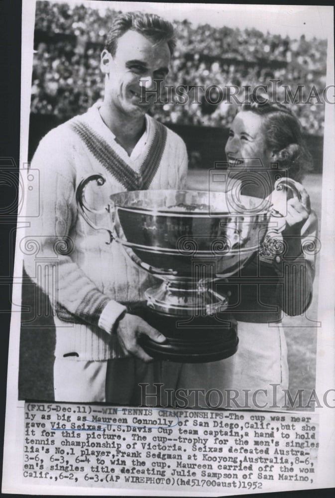 1952 Press Photo Maureen Connolly and Vic Seixas U.S Davis Cup Team. - Historic Images