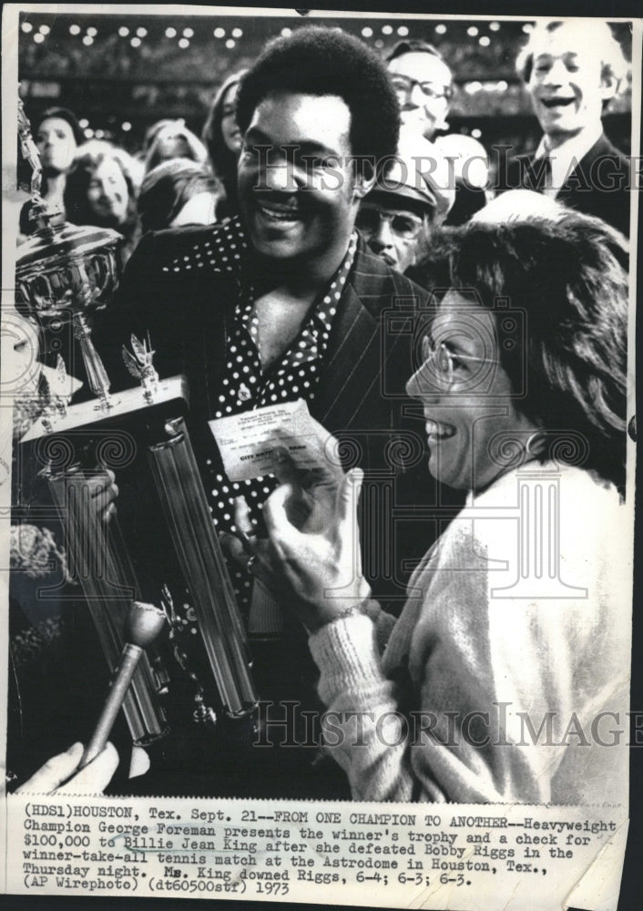 1973 Foreman Presents Trophy to Tennis Winner King-Historic Images