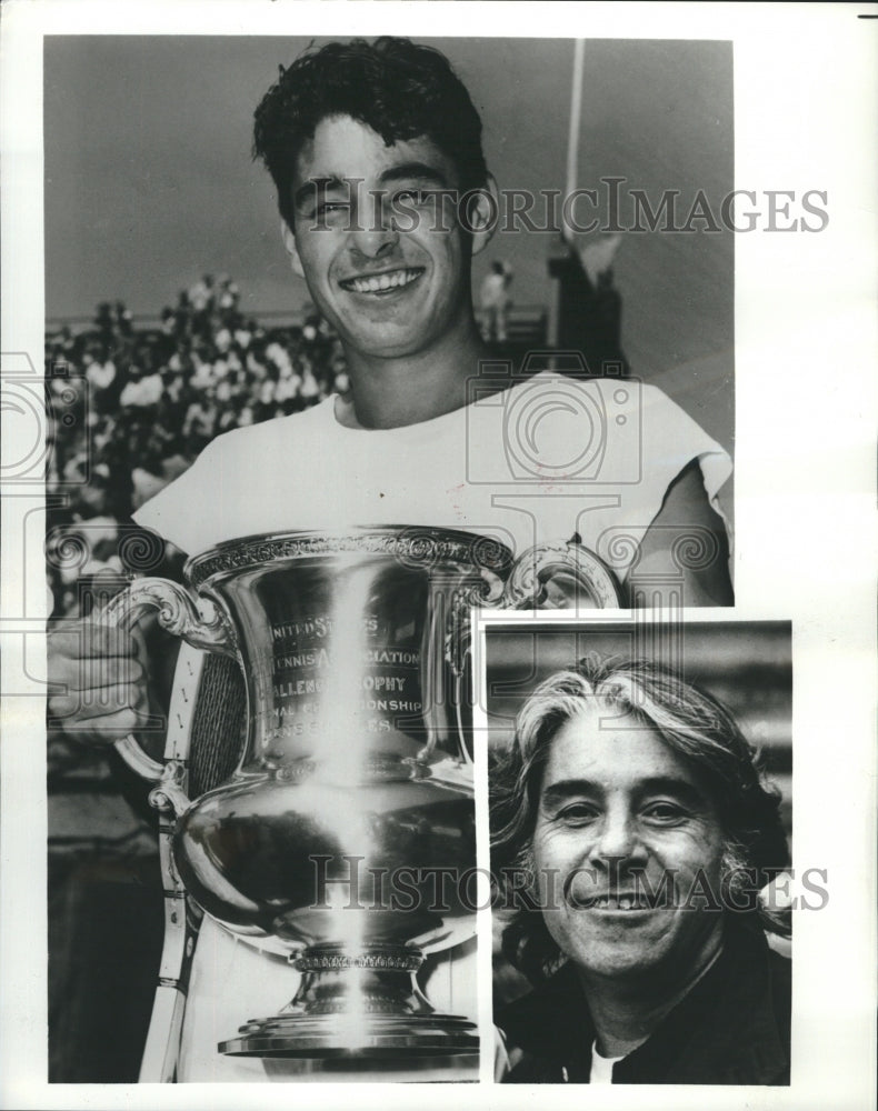 1975 Press Photo Pancho Gonzales plays in the &quot;Mixed Doubles Classic.&quot; - Historic Images