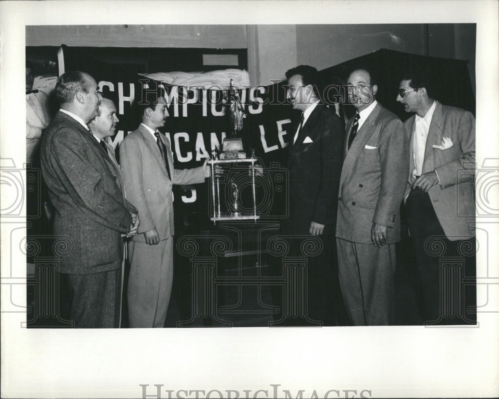 1955 Press Photo Delivering the Carta Blanca Trrophy to the league Champs - Historic Images