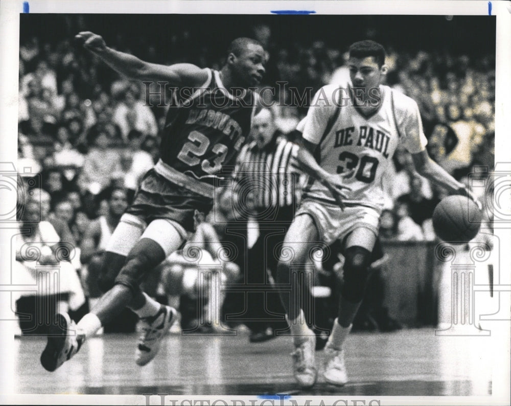 1989 Press Photo Depaul Basketball Tyrone Baldwin David Booth - Historic Images