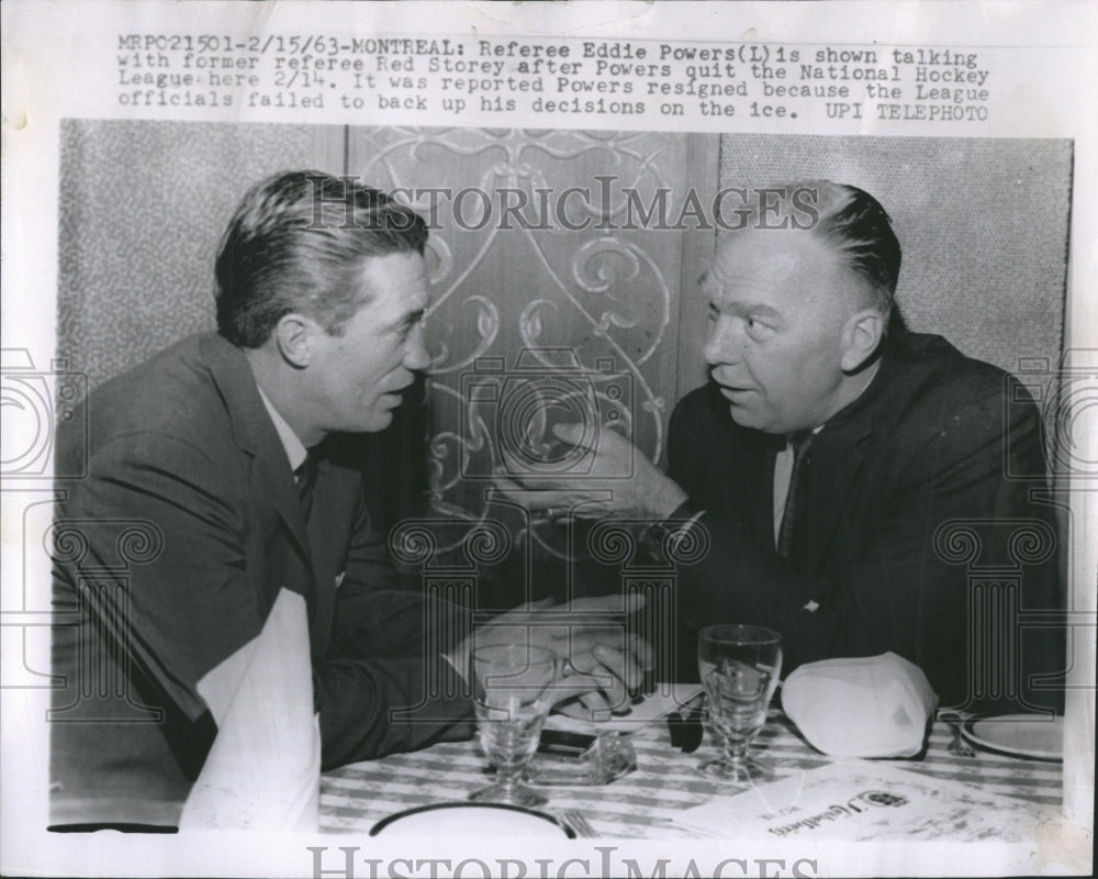 1963 Press Photo Referee Eddie Powers talks with former referee Red Storey after - Historic Images