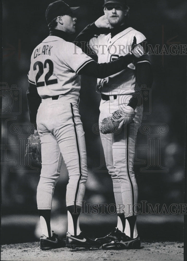 1989 Press Photo Will Clark, Kelly Downs, San Francisco Giants - Historic Images