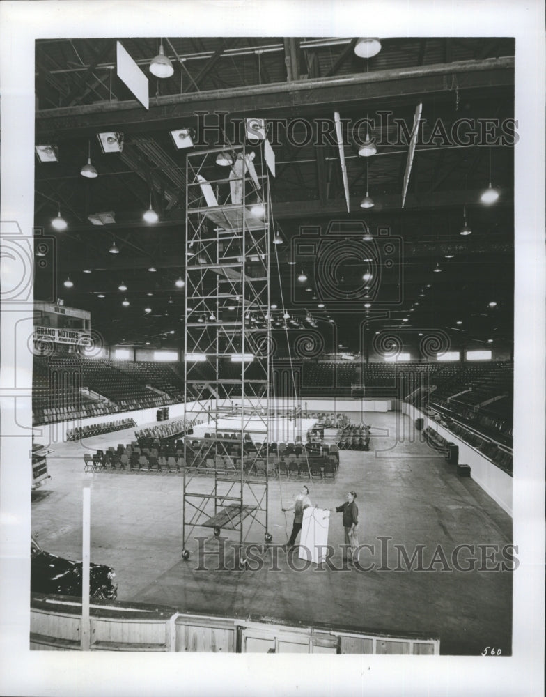 Installing fiberglass noise-stop acoustical baffles Toledo Arena-Historic Images