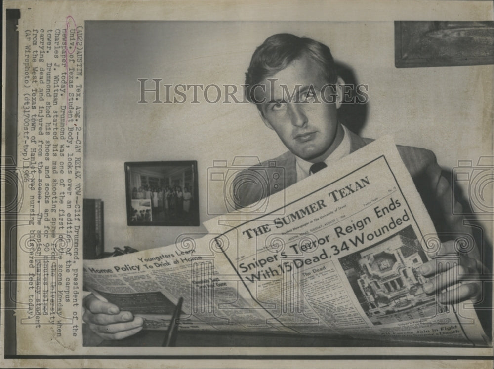 1966 Press Photo Cliff Drummond,Pres. of the Univ. of Texas Student Body. - Historic Images