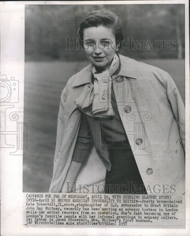 1957 Press Photo Kate Roosevelt Becoming Popular as Embassy Hostess in UK - Historic Images