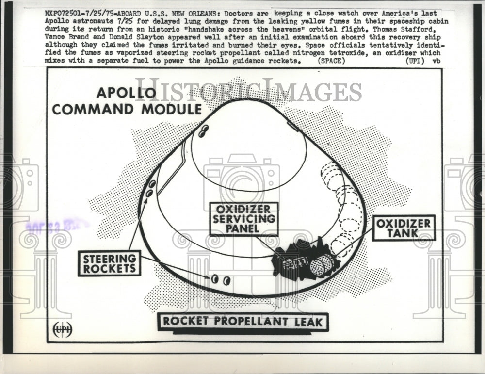 1975 Press Photo Apollo spaceship leaks yellow fumes. - Historic Images