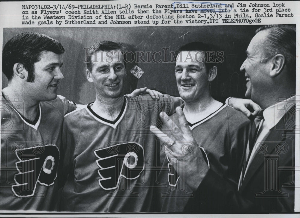 1969 Press Photo Bill Sutherland, Jim Johnson, Keith Allen of the Flyers - Historic Images