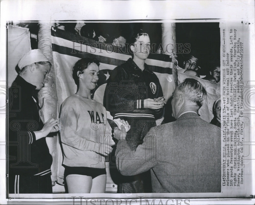 1957 Press Photo Nancy Ramsy received a medal from an Amateur Athletic Union - Historic Images