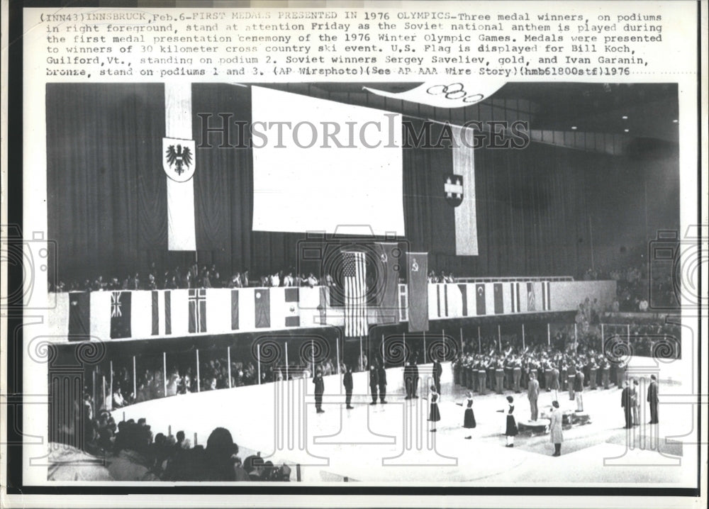 1976 Press Photo Medal Presentation Ceremony of 1976 Winter Olympics. - Historic Images