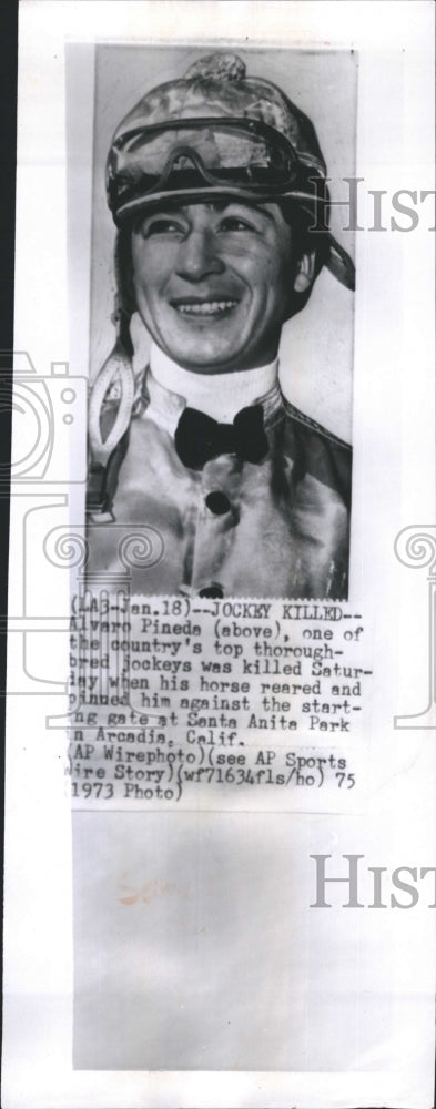 1975 Press Photo 1973 photo of Alvaro Pineda, jockey killed in horse accident . - Historic Images