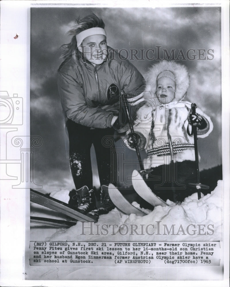 1963 Press Photo Olympic Skier Penny Pitou Teaches Her Son Christian To Ski - Historic Images