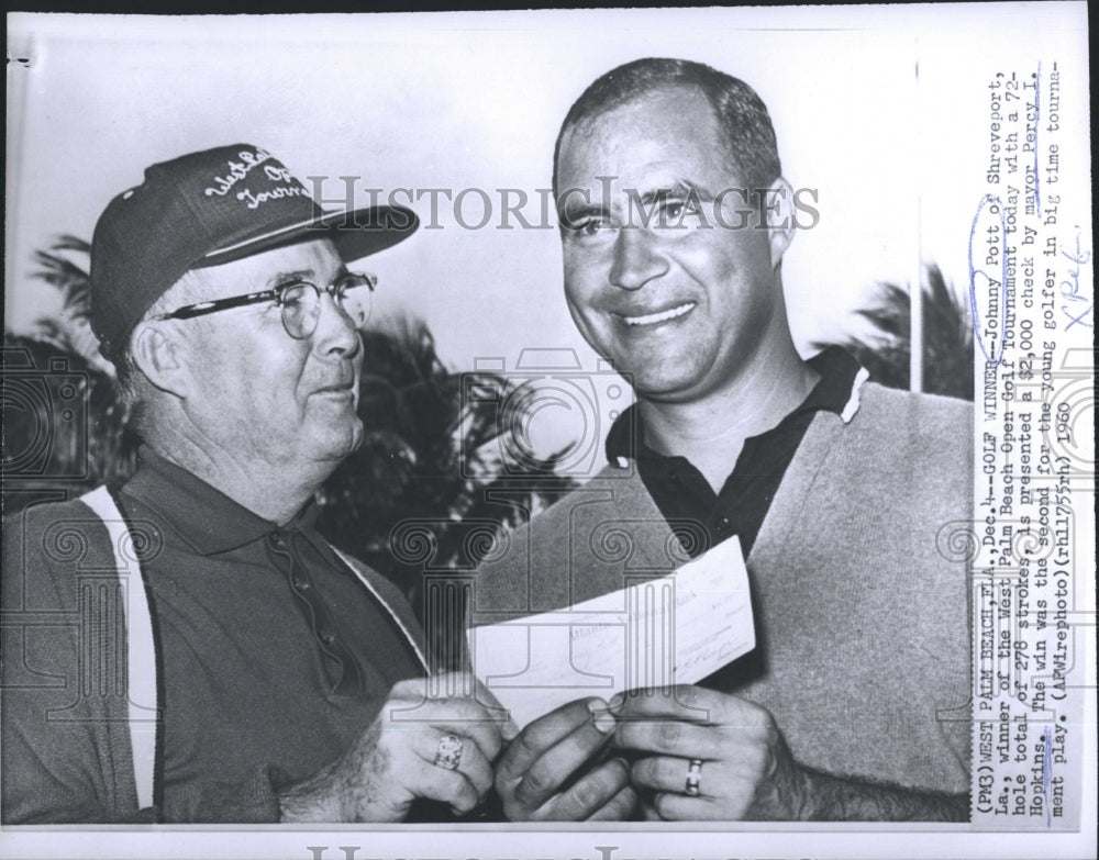1960 Press Photo Golf winner Johnny Pott with Mayor Percy I. Hopkins - Historic Images