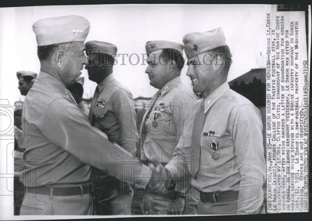 1952 Press Photo Second Lt. Eddie Le Baron Lt. Gen. Clifton Cates Letter of - Historic Images