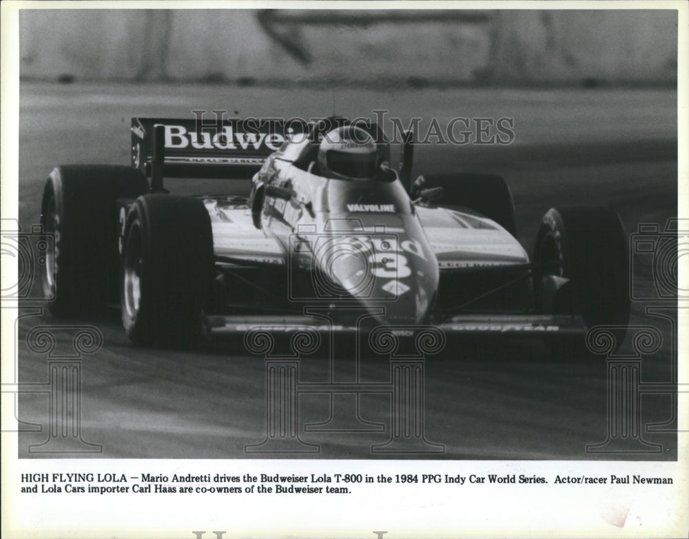 1984 Press Photo Mario Andretti Budweiser Lola T 800 Indy Car World Series - Historic Images