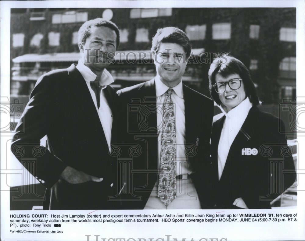 1991 Press Photo Host Jim Lampley Commentators Arthur Ashe Billie Jean King - Historic Images