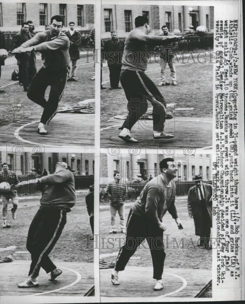 1960 Press Photo Weight Thrower, Bob Backus, throwing a weight in New York. - Historic Images