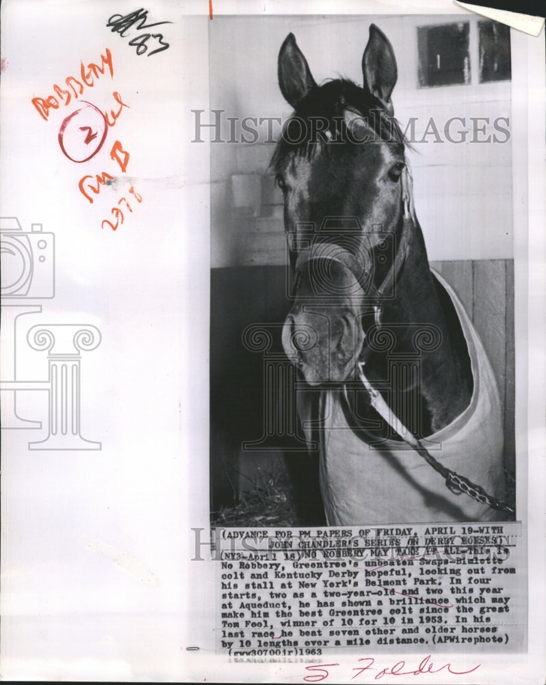 1963 Press Photo No Robbery, Kentucky Derby hopeful - Historic Images