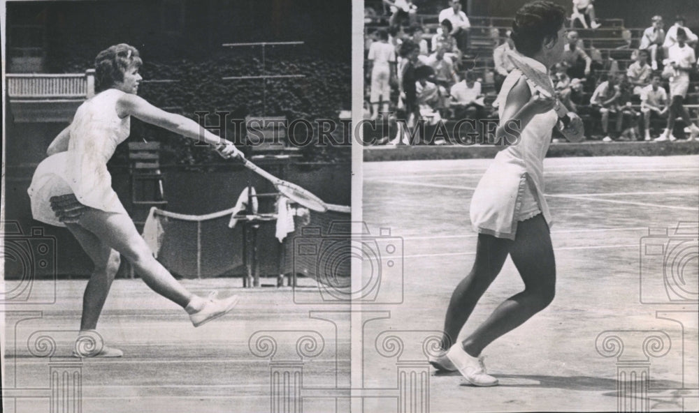 1962 Press Photo Tennis Match Carol Caldwell and Stephanie De Fina. - Historic Images