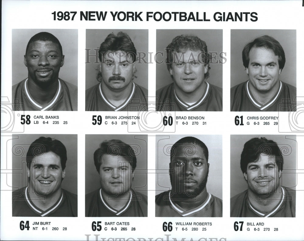 1987 Press Photo New York Football Giants Banks Johnston Benson Godfrey Burt - Historic Images