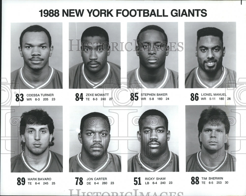 1988 Press Photo New York Football Giants Turner Mowatt Baker Manuel Bavaro - Historic Images