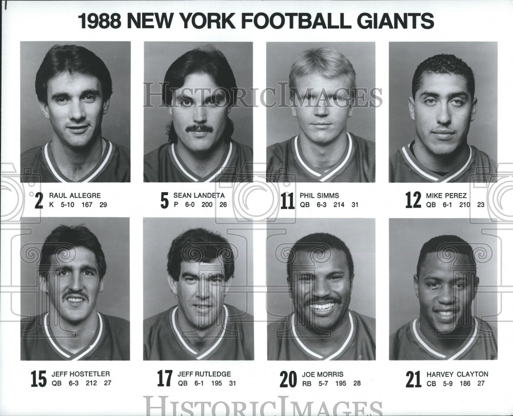 1988 Press Photo New York Giants Football Raul Allegre Sean Landeta Phil Simms - Historic Images