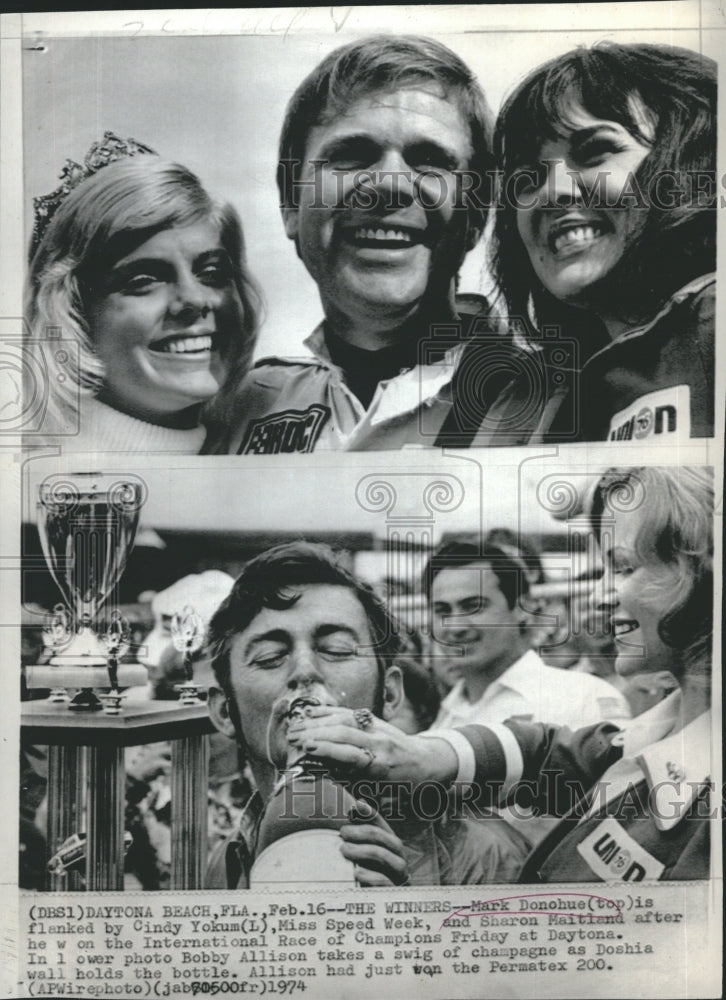 1974 Press Photo Mark Donohue Cindy Yokum &amp; Sharon Maitland Daytona Championship - Historic Images