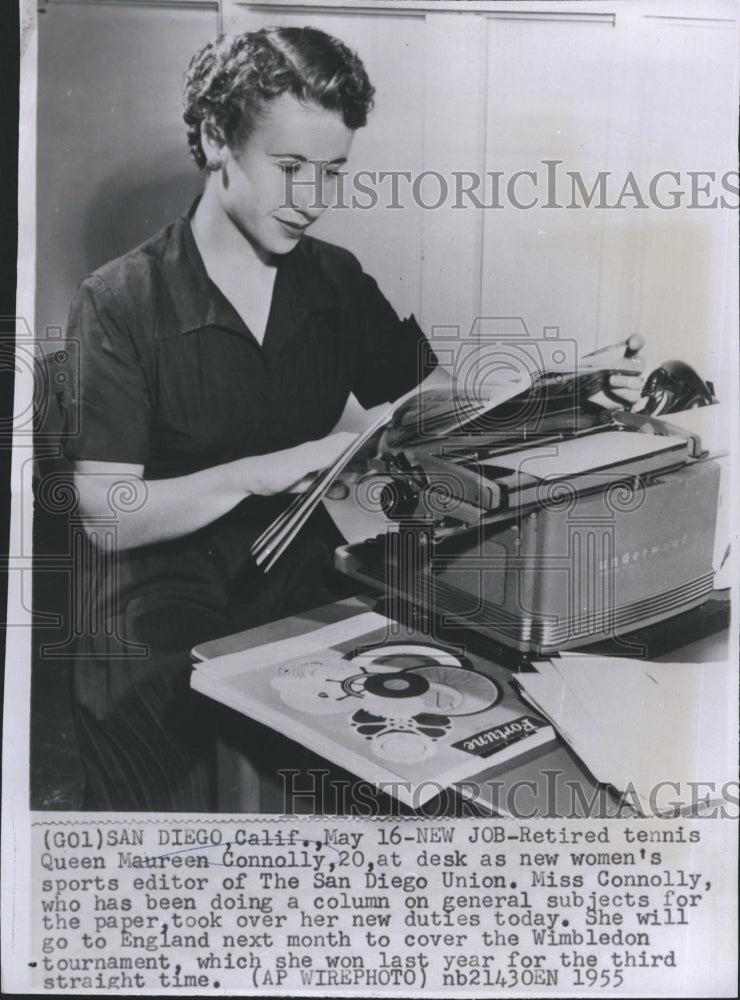 1955 Press Photo Retired Tennis Queen Maureen Connolly at her new Job - Historic Images