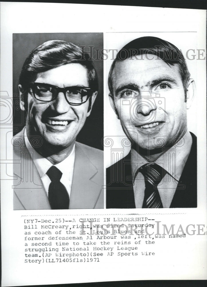 1971 Press Photo Bill McCreary Fired Coach St. Louis Blues Al Arbour Named NHL - Historic Images