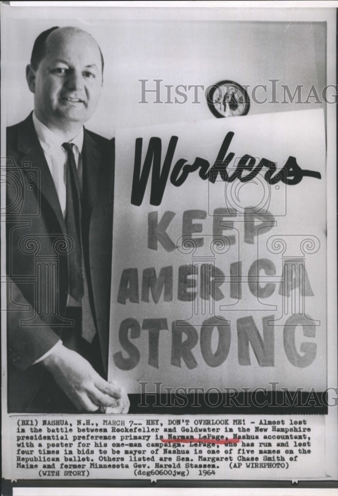 1964 Press Photo Politician Norman LePage New Hampshire Presidential Candidate - Historic Images
