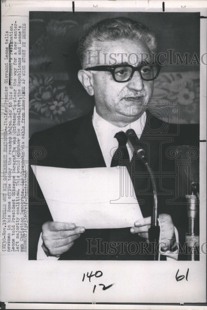 1968 Press Photo Italian Premier Giovanni Leone Speaks on Government Resignation - Historic Images