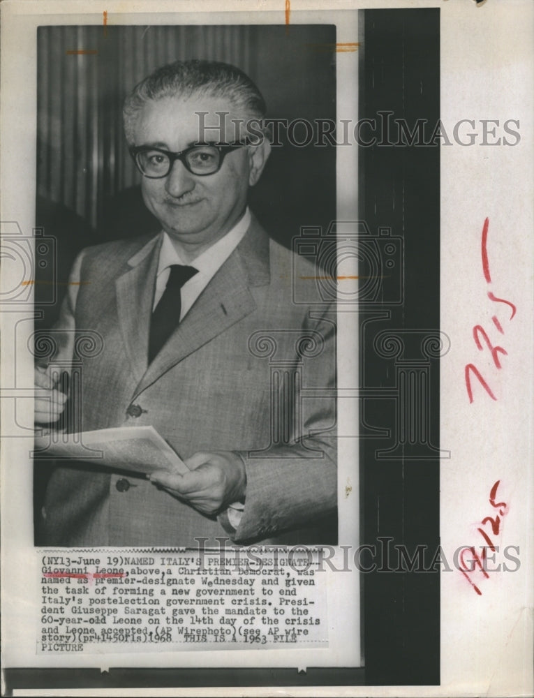 1963 Press Photo Italian Premier Giovanni Leone - RSH37493 - Historic Images