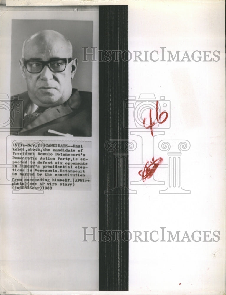 1963 Press Photo Raul Leoni Venezuelan President - RSH37509 - Historic Images